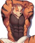  2022 5_fingers abs anthro arcanine biceps biped black_nose blue_eyes blush brown_body brown_fur cloth colored fingers fur generation_1_pokemon hands_behind_head humanoid_hands kawara_gawara male multicolored_body multicolored_fur muscular muscular_anthro muscular_male navel nintendo orange_body orange_fur pecs pokemon pokemon_(species) solo striped_body striped_fur stripes tan_body tan_fur triceps 