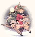  2girls ahoge all_fours animal_costume animal_ear_fluff animal_ears antlers black_gloves blue_hair blush boots breasts christmas fake_antlers fang fur_trim gloves green_eyes green_hair hat holding holding_sack horseback_riding kuromiya kuromiya_raika large_breasts long_hair looking_at_viewer multicolored_hair multiple_girls one_eye_closed open_mouth original pony_play red_headwear reindeer_antlers reindeer_costume riding sack santa_boots santa_costume santa_hat shiromiya_asuka short_hair shorts tail thighhighs tongue tongue_out two-tone_hair 