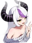  1girl absurdres ahoge collarbone fang flat_chest highres hololive horns la+_darknesss open_mouth pointy_ears purple_hair sbgu simple_background smile solo sweater upper_body v virtual_youtuber white_background white_hair yellow_eyes 