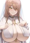  1girl between_breasts blush breasts brown_hair cleavage diisuke earrings jewelry large_breasts long_hair necklace nijisanji nui_sociere simple_background smile solo underwear veil virtual_youtuber white_background yellow_eyes 