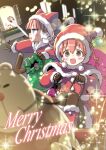  3girls :d animal_ears b.u.e.r. blonde_hair blue_eyes brown_eyes christmas clarion fur_trim gift gloves hat highres hitotose_rin koukaku_no_pandora multiple_girls nanakorobi_nene pink_hair red_hair sack santa_costume santa_hat smile throwing 