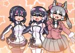  3girls african_penguin_(kemono_friends) animal_ear_fluff animal_ears bare_shoulders belt black_hair blazer edamamezooooo elbow_gloves extra_ears fox_ears fox_girl fox_tail gloves grey_hair hat humboldt_penguin_(kemono_friends) island_fox_(kemono_friends) jacket kemono_friends kemono_friends_v_project kneehighs long_hair microphone multicolored_hair multiple_girls necktie open_mouth orange_hair pantyhose penguin_girl penguin_tail shirt short_hair skirt sleeveless sleeveless_shirt smile socks tail twintails virtual_youtuber 