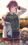  1boy 1girl arm_behind_head beard blood blue_eyes blurry blurry_background brown_hair christmas christmas_girl_(itou) facial_hair hat hat_removed headwear_removed highres hood hoodie itou_(onsoku_tassha) jacket original pantyhose santa_costume santa_hat short_hair 