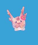  :d blue_background blue_eyes corsola flower full_body hibiscus highres looking_at_viewer no_humans pokemon pokemon_(creature) smile solo woborou 