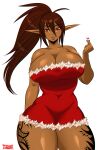  big_breasts breasts brown_hair cleavage clothed clothing elf female hair hi_res humanoid luvon not_furry ponytail solo tattoo thick_thighs 