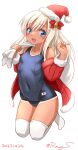  1girl adapted_costume blonde_hair blue_eyes blue_one-piece_swimsuit blush bracelet breasts dated flower hair_between_eyes hair_flower hair_ornament jacket jewelry jumping kantai_collection one-piece_swimsuit one-piece_tan ray.s ro-500_(kancolle) santa_costume school_swimsuit simple_background small_breasts smile solo swimsuit swimsuit_under_clothes tan tanlines thighhighs twitter_username white_background white_thighhighs 