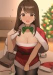  1girl alcohol beer_can belt breasts brown_hair can cape christmas cleavage clothes_pull dress dress_pull drunk earrings green_ribbon hat highres id_card jewelry large_breasts medium_hair ol_mahonanoka original pantyhose ribbon santa_dress santa_hat solo 