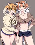  2girls alternate_breast_size animal_ears arm_at_side bangs belt black_hair blonde_hair breast_press breasts cleavage clinging collared_shirt cutoffs drawstring extra_ears fangs grey_hair hand_on_hip hands_on_another&#039;s_arm highres hood hood_down hoodie huge_breasts jewelry kemono_friends light_blush linea_alba long_hair long_sleeves looking_at_viewer mamiyama medium_hair midriff multiple_girls navel open_mouth orange_hair parted_lips pendant plunging_neckline shirt short_shorts shorts siberian_tiger_(kemono_friends) side-by-side sidelocks simple_background smile stomach striped striped_hair striped_shirt tail tied_shirt tiger_(kemono_friends) tiger_ears tiger_girl tiger_tail toned very_long_hair white_hair wing_collar yellow_eyes 