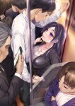  1girl 6+boys blush breasts brown_hair business_suit cellphone cleavage crossed_arms formal grey_hair grin hair_ornament hairclip height_difference hetero hijiri_tsukasa jewelry large_breasts long_hair multiple_boys necklace original pencil_skirt phone purple_eyes purple_hair ring skirt smartphone smile suit train_interior 