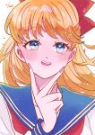  1girl aino_minako bangs bishoujo_senshi_sailor_moon blonde_hair blue_eyes blue_sailor_collar bow hair_bow highres long_hair long_sleeves neckerchief open_mouth rabi2651 red_bow red_neckerchief sailor_collar school_uniform serafuku shiba_koen_middle_school_uniform shirt simple_background smile solo white_background white_shirt 