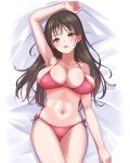  1girl amaki_jun animification ankoromochioishi arm_up armpits bangs bikini blush breasts brown_eyes brown_hair collarbone dakimakura_(medium) hair_behind_ear head_tilt highres large_breasts long_hair lying midriff navel on_back parted_lips real_life red_bikini solo swimsuit 