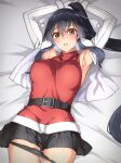 1girl abo_(hechouchou) armpit_crease armpits arms_up belt black_belt black_hair jacket kantai_collection long_hair lying miniskirt on_back on_bed open_clothes open_jacket panties panty_pull pleated_skirt ponytail red_eyes red_shirt saliva shirt skirt sleeveless sleeveless_shirt underwear white_jacket yahagi_(kancolle) 
