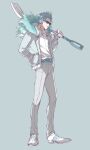  1boy alolan_sandslash belt earrings full_body fur_trim hand_in_pocket highres holding holding_shovel jacket jewelry long_sleeves male_focus pants personification pokemon shirt shoes shovel snow_shovel solo spiked_hair standing sunglasses white_footwear white_jacket white_pants white_shirt woborou 