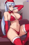  1girl absurdres alternate_breast_size arm_up bikini blue_eyes bow bowtie breasts cameltoe christmas elbow_gloves gloves highres jmg knee_up large_breasts long_hair parted_lips ponytail raised_eyebrows red_bikini red_bow red_bowtie red_gloves red_thighhighs rwby santa_bikini santa_gloves scar scar_across_eye signature sitting solo swimsuit thighhighs thighs very_long_hair weiss_schnee white_hair 