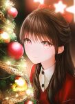  1girl bangs blurry blurry_background blush bow brown_hair buttons christmas christmas_ornaments christmas_tree closed_mouth collared_shirt glowing hair_bow hair_over_shoulder highres indoors long_hair looking_at_viewer night ojay_tkym original red_bow red_eyes red_sweater shirt sidelocks signature smile solo star_(symbol) sweater upper_body white_shirt 
