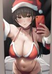  1girl bangs bare_shoulders black_hair blush bra breasts brown_eyes cellphone choker cleavage commentary_request ear_piercing highres holding holding_phone konata_(kankin_jk) large_breasts long_hair long_sleeves looking_at_viewer mishiranu_joshikousei_ni_kankin_sareta_mangaka_no_hanashi mole mole_on_neck nail_polish navel panties phone piercing red_bra red_choker red_nails red_panties ryouma_(galley) smartphone solo underwear 