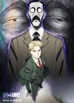  2boys bags_under_eyes black_hair blonde_hair copyright_name donovan_desmond earrings english_text facial_hair glaring gloves highres jacket jewelry mixed-language_text multiple_boys mustache necktie official_art spy_x_family twilight_(spy_x_family) wrinkled_skin 