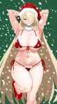  1girl absurdres arms_up awesomeerix bikini blonde_hair breasts cynthia_(pokemon) fur_collar green_background grey_eyes grin hair_over_one_eye hat highres knee_up large_breasts long_hair micro_bikini navel pokemon pokemon_(game) pokemon_dppt pom_pom_(clothes) santa_bikini santa_hat side-tie_bikini_bottom smile snowing solo standing standing_on_one_leg stomach swimsuit very_long_hair 