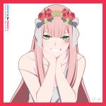  1girl absurdres bangs bare_shoulders border collarbone commentary copyright_name darling_in_the_franxx dated english_commentary english_text flower green_eyes grey_camisole hair_flower hair_ornament hair_ribbon hands_on_own_chin highres leaf light_blush long_hair looking_at_viewer off_shoulder open_mouth own_hands_together pink_hair red_border red_flower ribbon signature simple_background smile solo straight-on teeth upper_body white_background white_ribbon yuuta_(yuuta0312) zero_two_(darling_in_the_franxx) 