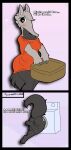  anteater anthro appliance big_butt big_tail black_eyes blush bottomless butt clothed clothing dark_body dark_fur dialogue eyelashes female fur genitals grey_body grey_fur head_tuft hi_res mammal orange_clothing orange_shirt orange_topwear pilosan pink_background pussy rear_view shirt simple_background solo stuck text thick_thighs topwear tuft washing_machine wide_hips xenarthran xskullstomperx 