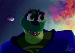  alligator alligatorid anthro clothing cloud crocodilian dump_lings_png evening glistening glistening_eyes hi_res hoodie looking_away male moon night open_mouth reflection reptile scalie shirt signature sky solo star starry_sky sun t-shirt teeth tongue topwear 