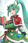  1girl bangs bodysuit breasts capelet christmas_ornaments circlet cleavage dress earrings gift gonzarez green_dress green_eyes green_hair hair_ornament high_ponytail highres holding holding_gift jewelry large_breasts long_hair looking_at_viewer mistletoe pneuma_(xenoblade) ponytail red_capelet smile solo star_(symbol) star_hair_ornament watermark xenoblade_chronicles_(series) xenoblade_chronicles_2 