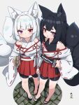  2girls animal_ear_fluff animal_ears bike_shorts black_hair black_shorts fox_ears fox_tail hakama hakama_short_skirt hakama_skirt heterochromia japanese_clothes kuro_kosyou long_hair miniskirt multiple_girls multiple_tails original red_skirt sandals sheath sheathed shirt short_hair shorts skirt sword tail weapon white_hair white_shirt 