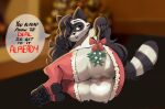  anthro anus christmas christmas_clothing clothing coni_(coniraccoon) female fluffy fluffy_tail genitals hi_res holidays mammal musk musk_clouds pawpads paws plump_labia procyonid puffy_anus pussy raccoon raftrdrk smug smug_face solo 