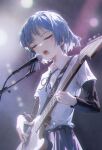  1girl bangs bass_guitar black_bow black_bowtie black_ribbon black_shirt black_skirt blue_hair blurry blurry_background bocchi_the_rock! bow bowtie breasts buttons closed_eyes collared_shirt concert dino_(dinoartforame) electric_guitar english_commentary fender_precision_bass guitar hair_between_eyes hair_ornament hairpin hands_up highres holding holding_instrument instrument lens_flare light long_sleeves microphone microphone_stand mole mole_under_eye music neck_ribbon open_mouth playing_instrument pleated_skirt ribbon school_uniform shirt shirt_tucked_in short_hair short_sleeves simple_background singing skirt small_breasts solo stage_lights standing upper_body white_shirt yamada_ryou 