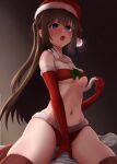  1girl bikini blue_eyes blush breasts christmas elbow_gloves gloves hat kneeling legs_apart long_hair love_live! navel open_mouth ousaka_shizuku ponytail red_bikini red_gloves red_headwear red_thighhighs santa_hat satolive20 solo swimsuit thighhighs thighs 