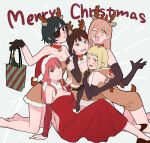  5girls animal_costume animal_ears antlers bangs bell black_gloves black_hair blonde_hair blush bottle breasts brown_dress brown_hair chainsaw_man choker cleavage cross-shaped_pupils detached_collar detached_sleeves dress elbow_gloves eyepatch fake_animal_ears gift_bag gloves grey_background hair_between_eyes hat higashiyama_kobeni highres himeno_(chainsaw_man) horns ikanyoikanikan long_hair looking_at_viewer makima_(chainsaw_man) medium_breasts medium_hair merry_christmas multiple_girls neck_bell one_eye_closed open_mouth orange_eyes power_(chainsaw_man) red_choker red_dress red_eyes red_hair red_horns reindeer_antlers reindeer_costume ringed_eyes santa_hat sawatari_akane_(chainsaw_man) sharp_teeth short_hair short_ponytail sidelocks simple_background single_sidelock smile strapless strapless_dress sweat symbol-shaped_pupils teeth v wine_bottle yellow_eyes 