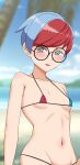  1girl alternate_costume bangs bikini black-framed_eyewear blue_hair blurry blurry_background blush breasts collarbone commentary_request day glasses grey_eyes highres kenja_panda looking_at_viewer micro_bikini multicolored_hair navel open_mouth outdoors palm_tree penny_(pokemon) pokemon pokemon_(game) pokemon_sv red_hair round_eyewear short_hair sky small_breasts solo swimsuit tree two-tone_hair 