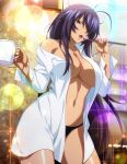  1girl black_panties breasts cleavage collarbone dress_shirt grey_eyes hair_down hair_over_one_eye holding holding_toothbrush ikkitousen indoors kan&#039;u_unchou large_breasts lens_flare long_hair long_sleeves messy_hair navel no_bra open_clothes open_mouth open_shirt panties purple_hair shiny shiny_hair shiny_skin shirt solo sparkle straight_hair toothbrush underwear very_long_hair white_shirt 