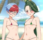  2girls ahoge alternate_costume bangs bikini black-framed_eyewear blue_hair blurry blurry_background blush breasts bright_pupils collarbone commentary_request day earrings glasses green_bikini green_hair grey_eyes hair_between_eyes highres jewelry kenja_panda long_hair looking_at_viewer micro_bikini multicolored_hair multiple_girls navel open_mouth outdoors palm_tree penny_(pokemon) pokemon pokemon_(game) pokemon_sv ponytail red_eyes red_hair rika_(pokemon) round_eyewear short_hair sky small_breasts swimsuit tree two-tone_hair white_pupils 