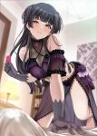  1girl all_fours amekasaikuta bangs bare_shoulders barefoot black_gloves black_hair black_panties blush condom condom_wrapper crop_top gloves highres holding holding_condom idolmaster idolmaster_shiny_colors indoors lace-trimmed_skirt lace_trim lamp long_hair looking_at_viewer mayuzumi_fuyuko on_bed panties parted_lips red_eyes see-through see-through_sleeves skirt smile solo underwear 
