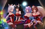  4girls ahoge animal_ears aqua_eyes ass bare_shoulders bell black_hair black_panties breasts brown_eyes brown_hair cat_ears cat_tail choker christmas christmas_tree cleavage dog_ears dog_tail dress fox_ears fox_tail fur_trim hair_between_eyes hat highres holding holding_sack hololive inugami_korone large_breasts looking_at_viewer matching_outfit multiple_girls neck_bell nekomata_okayu off-shoulder_dress off_shoulder ookami_mio orange_eyes panties pantyshot purple_eyes purple_hair sack santa_costume santa_hat shirakami_fubuki smile tail tako_8_yaki thighhighs underwear virtual_youtuber white_hair wolf_ears wolf_tail zettai_ryouiki 