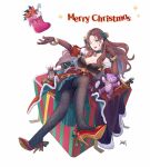  1girl ;d absurdres bare_shoulders black_pantyhose braid breasts brown_hair choker cleavage commentary da-cart dorothea_arnault dress earrings fire_emblem fire_emblem:_three_houses fire_emblem_heroes fire_emblem_warriors:_three_hopes fishnet_pantyhose fishnets forehead green_eyes high_heels highres jewelry large_breasts long_hair looking_at_viewer official_alternate_costume official_alternate_hairstyle one_eye_closed open_mouth pantyhose red_dress red_footwear simple_background smile solo stuffed_animal stuffed_toy teddy_bear very_long_hair white_background 