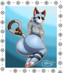  2022 absurd_res animal_crossing anthro big_breasts big_butt blue_body blue_skin border bottomless breast_squish breasts butt clothed clothing digital_media_(artwork) domestic_cat felid feline felis female fur gazaster grey_body grey_clothing grey_hair grey_skin grey_sweater grey_topwear hair hi_res holly_(plant) inviting lolly_(animal_crossing) looking_at_viewer looking_back mammal nintendo no_irises noseless pawpads paws plant ponytail presenting shy simple_background smile solo squish striped_body striped_fur stripes sweater thick_thighs topwear video_games white_border wide_hips 