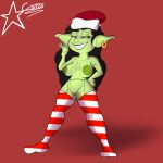  absurd_res anthro big_breasts black_hair breasts cosmosarts ear_piercing female festive_clothing goblin green_body green_nipples green_skin hair hi_res humanoid muscular_thighs nipples piercing solo unnamed_character 
