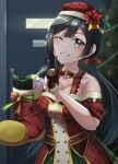  1girl absurdres bangs black_eyes black_hair blush boots box braid breasts bright09 christmas christmas_tree cleavage collarbone commentary french_braid gift gift_box gloves hat highres holding holding_boots holding_clothes holding_footwear long_hair looking_at_viewer love_live! love_live!_nijigasaki_high_school_idol_club low_twintails medium_breasts one_eye_closed santa_boots santa_costume sidelocks signature smile solo twintails upper_body yuuki_setsuna_(love_live!) 