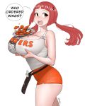  1girl absurdres aki-chan_(dismaiden) ass bangs breast_lift breasts chicken_(food) chicken_wing cleavage cowboy_shot dismaiden english_text food hair_ornament hairclip highres hooters huge_breasts low_twintails name_tag object_on_breast open_mouth original plate red_eyes red_hair round_teeth sauce short_shorts shorts signature solo tank_top teeth twintails waitress white_tank_top 