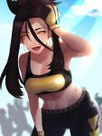  1girl :d armpits bangs black_hair black_pants black_sports_bra blurry blurry_background breasts cleavage collarbone dendra_(pokemon) genjitsukihel gloves hair_between_eyes hand_on_own_head highres leaning_forward long_hair medium_breasts midriff navel open_mouth pants pokemon pokemon_(game) pokemon_sv scarf shiny shiny_hair smile solo sports_bra sportswear standing stomach two-tone_sports_bra yellow_eyes yellow_gloves yellow_sports_bra 