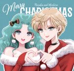  2girls aqua_hair bangs bishoujo_senshi_sailor_moon black_choker blonde_hair blue_eyes choker christmas coat dress earrings heart heart_hands highres jewelry kaiou_michiru koharumichi lips long_hair merry_christmas multiple_girls parted_bangs pom_pom_(clothes) red_coat red_dress short_hair ten&#039;ou_haruka very_short_hair wavy_hair 