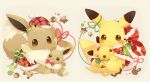  :3 blush blush_stickers brown_eyes character_doll closed_mouth clothed_pokemon commentary_request doll eevee highres holding holding_doll looking_at_viewer no_humans pikachu pokemon pokemon_(creature) smile ushiina 