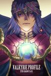  1boy armor dark_skin glowing gold_trim highres jewelry loki_(valkyrie_profile) long_hair male_focus portrait purple_eyes shoulder_armor shumizoku solo_focus valkyrie_profile 