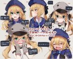  1girl angry artoria_caster_(fate) artoria_caster_(first_ascension)_(fate) artoria_caster_(second_ascension)_(fate) artoria_pendragon_(fate) blonde_hair blue_cape blue_capelet blue_cloak blue_headwear blush breasts cabbie_hat cape capelet cloak empty_eyes expressions false_smile fate/grand_order fate_(series) green_eyes grey_headwear hat highres long_hair looking_away low_twintails medium_breasts multicolored_cape multicolored_capelet multicolored_clothes multiple_views rcf3b sad smile sweat tears translation_request twintails variations 