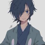  1boy aqua_jacket bangs blue_eyes blue_hair blue_kimono closed_mouth commentary_request falkner_(pokemon) grey_background hair_over_one_eye highres jacket japanese_clothes kimono kurutana male_focus open_clothes open_jacket pokemon pokemon_(game) pokemon_hgss short_hair signature solo upper_body 