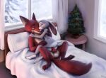  2022 anthro anus bed butt canid canine christmas christmas_tree claws curtains detailed_background digital_media_(artwork) disney duo eyebrows eyes_closed fingers fox furniture genitals half-closed_eyes hi_res holidays inside judy_hopps knot lagomorph leporid long_ears male mammal narrowed_eyes nick_wilde on_bed penis pillow plant predator/prey rabbit s1m sex toe_claws tree zootopia 