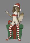  2022 anthro biped bodily_fluids breasts brown_hair canid canine canis christmas christmas_clothing christmas_headwear clothed clothing digital_media_(artwork) digitigrade domestic_dog eyewear female fur genital_fluids genitals gift glasses grey_background hair hat headgear headwear hi_res holidays legwear looking_at_viewer mammal one_eye_closed open_mouth patecko paws poodle pussy pussy_juice pussy_juice_string round_glasses santa_hat simple_background small_breasts solo tan_body tan_fur thigh_highs wink winking_at_viewer 