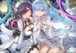  2girls artist_request azur_lane bangs bare_shoulders bell black_bow black_bowtie blue_eyes blue_hair blush bow bowtie braid breasts cleavage cone_hair_bun crown detached_collar dress elbow_gloves frilled_dress frills gloves hair_between_eyes hair_bun hair_over_one_eye hair_ribbon hand_up hat highres janus_(azur_lane) jervis_(azur_lane) long_hair looking_at_viewer low_twintails medium_breasts mini_crown multiple_girls neck_bell nurse_cap official_art open_mouth pantyhose purple_eyes purple_hair ribbon short_hair sidelocks sitting sleeveless sleeveless_dress small_breasts thighs twintails white_dress white_gloves white_pantyhose white_ribbon 